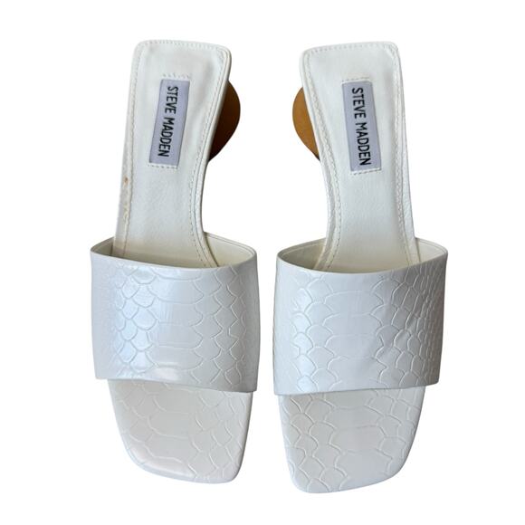 STEVE MADDEN White Croc Square Toe Wood Block Heel Sandal Size 7.5 - Picture 2 of 9